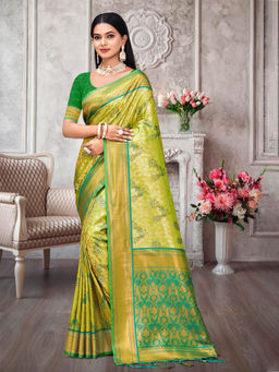EXCLUSIVA - Green Kanjivaram Saree with Unstitched Blouse
