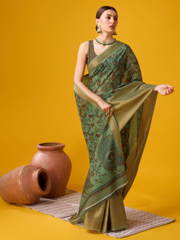 EXCLUSIVA - Green Cotton Saree with Unstitched Blouse