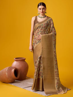 EXCLUSIVA - Brown Cotton Saree with Unstitched Blouse