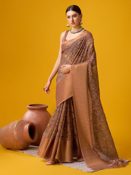 EXCLUSIVA - Brown Cotton Saree with Unstitched Blouse
