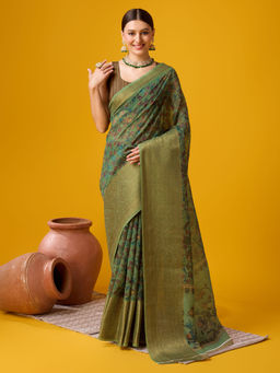 EXCLUSIVA - Green Cotton Saree with Unstitched Blouse