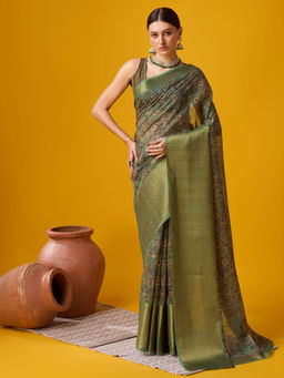 EXCLUSIVA - Green Cotton Saree with Unstitched Blouse