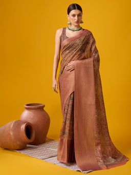 EXCLUSIVA - Brown Cotton Saree with Unstitched Blouse