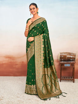 EXCLUSIVA - Green Silk Saree with Unstitched Blouse