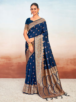 EXCLUSIVA - Blue Silk Saree with Unstitched Blouse