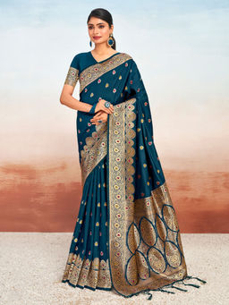 EXCLUSIVA - Teal Silk Saree with Unstitched Blouse