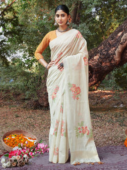 EXCLUSIVA - Off White Cotton Saree with Unstitched Blouse
