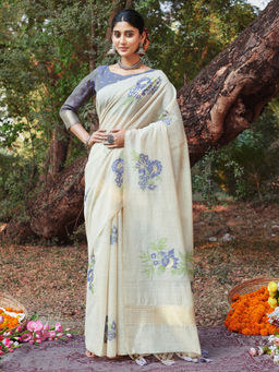 EXCLUSIVA - Off White Cotton Saree with Unstitched Blouse