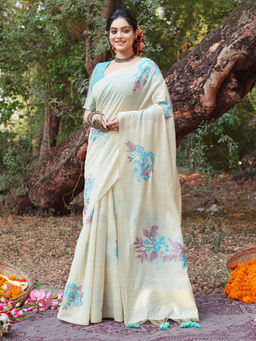 EXCLUSIVA - Off White Cotton Saree with Unstitched Blouse