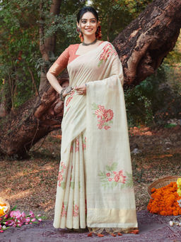 EXCLUSIVA - Off White Cotton Saree with Unstitched Blouse