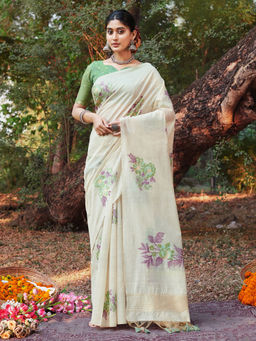 EXCLUSIVA - Off White Cotton Saree with Unstitched Blouse