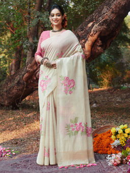EXCLUSIVA - Off White Cotton Saree with Unstitched Blouse