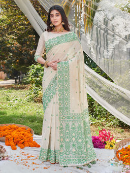 EXCLUSIVA - Green Cotton Saree with Unstitched Blouse