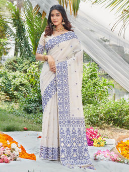 EXCLUSIVA - Blue Cotton Saree with Unstitched Blouse