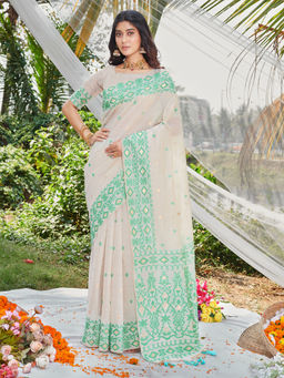 EXCLUSIVA - Green Cotton Saree with Unstitched Blouse