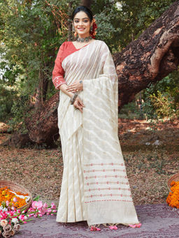 EXCLUSIVA - Off White Cotton Saree with Unstitched Blouse