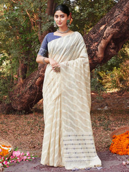 EXCLUSIVA - Off White Cotton Saree with Unstitched Blouse