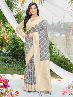 EXCLUSIVA - Grey Cotton Saree with Unstitched Blouse