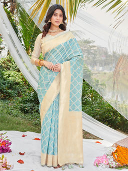 EXCLUSIVA - Blue Cotton Saree with Unstitched Blouse
