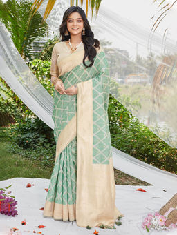 EXCLUSIVA - Green Cotton Saree with Unstitched Blouse