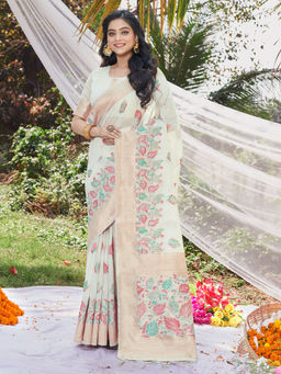 EXCLUSIVA - Cream Cotton Saree with Unstitched Blouse