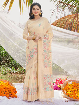 EXCLUSIVA - Beige Cotton Saree with Unstitched Blouse