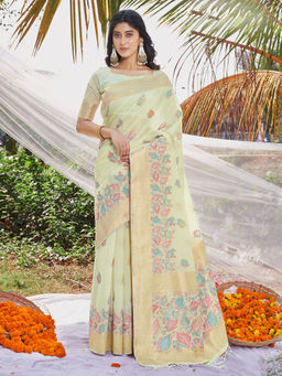 EXCLUSIVA - Green Cotton Saree with Unstitched Blouse