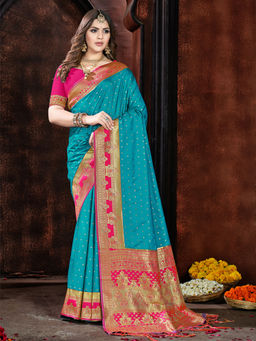 EXCLUSIVA - Blue Silk Saree with Unstitched Blouse