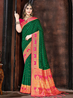 EXCLUSIVA - Green Silk Saree with Unstitched Blouse