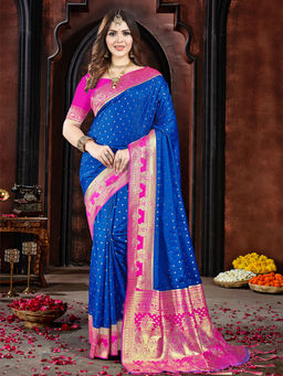 EXCLUSIVA - Blue Silk Saree with Unstitched Blouse
