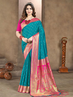 EXCLUSIVA - Blue Silk Saree with Unstitched Blouse