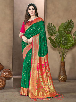 EXCLUSIVA - Green Silk Saree with Unstitched Blouse