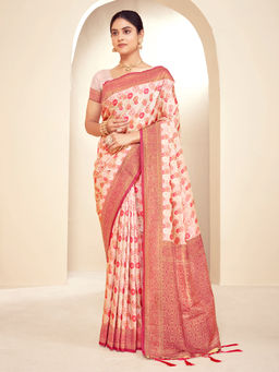EXCLUSIVA - Pink Pathani Saree with Unstitched Blouse