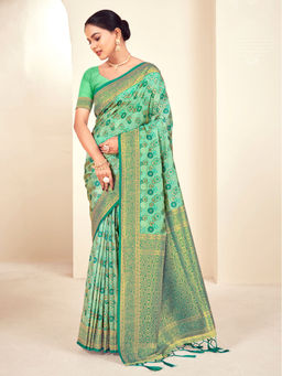 EXCLUSIVA - Green Pathani Saree with Unstitched Blouse