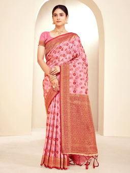 EXCLUSIVA - Pink Pathani Saree with Unstitched Blouse
