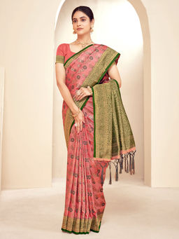 EXCLUSIVA - Pink Pathani Saree with Unstitched Blouse