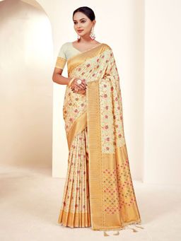 EXCLUSIVA - Off White Banarasi Saree with Unstitched Blouse