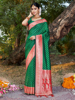EXCLUSIVA - Green Banarasi Saree with Unstitched Blouse