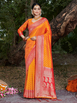 EXCLUSIVA - Orange Banarasi Saree with Unstitched Blouse