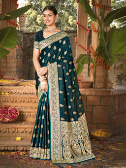 EXCLUSIVA - Green Satin Silk Saree with Unstitched Blouse