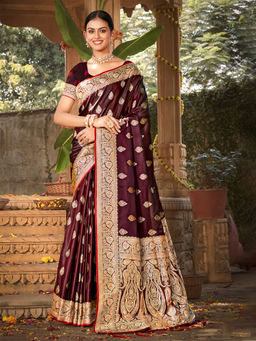 EXCLUSIVA - Maroon Satin Silk Saree with Unstitched Blouse