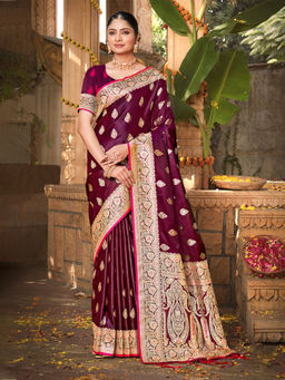 EXCLUSIVA - Wine Satin Silk Saree with Unstitched Blouse