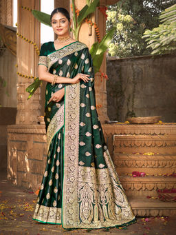 EXCLUSIVA - Green Satin Silk Saree with Unstitched Blouse