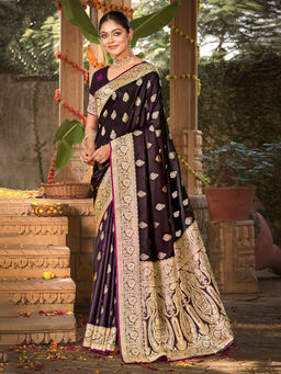 EXCLUSIVA - Wine Satin Silk Saree with Unstitched Blouse