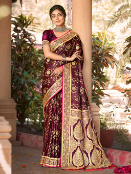 EXCLUSIVA - Wine Satin Silk Saree with Unstitched Blouse