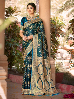 EXCLUSIVA - Teal Satin Silk Saree with Unstitched Blouse