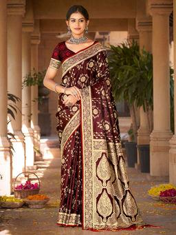 EXCLUSIVA - Maroon Satin Silk Saree with Unstitched Blouse