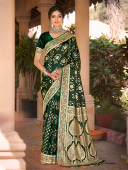 EXCLUSIVA - Green Satin Silk Saree with Unstitched Blouse