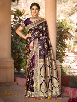 EXCLUSIVA - Wine Satin Silk Saree with Unstitched Blouse