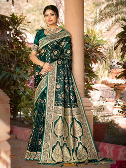EXCLUSIVA - Green Satin Silk Saree with Unstitched Blouse